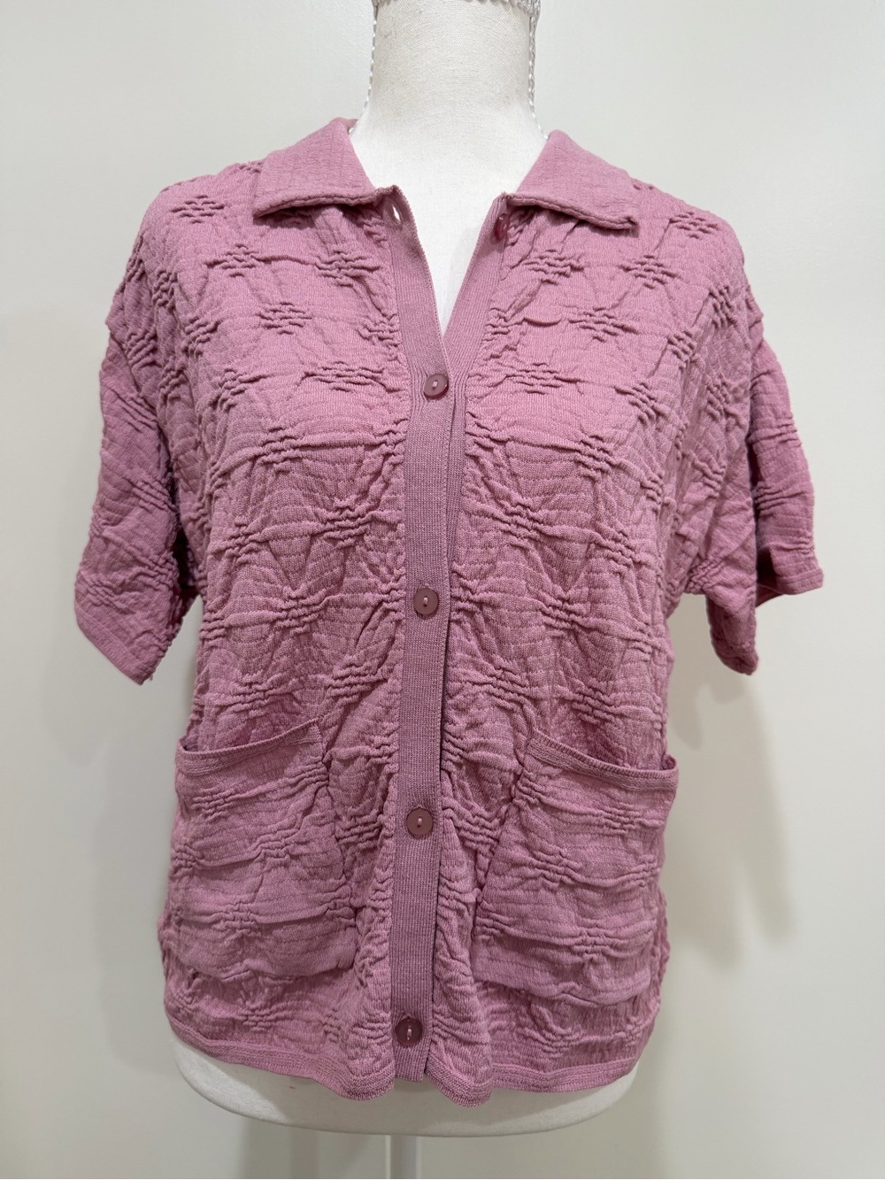 Zara Textured Short-Sleeve Button Front Top in Dusty Rose